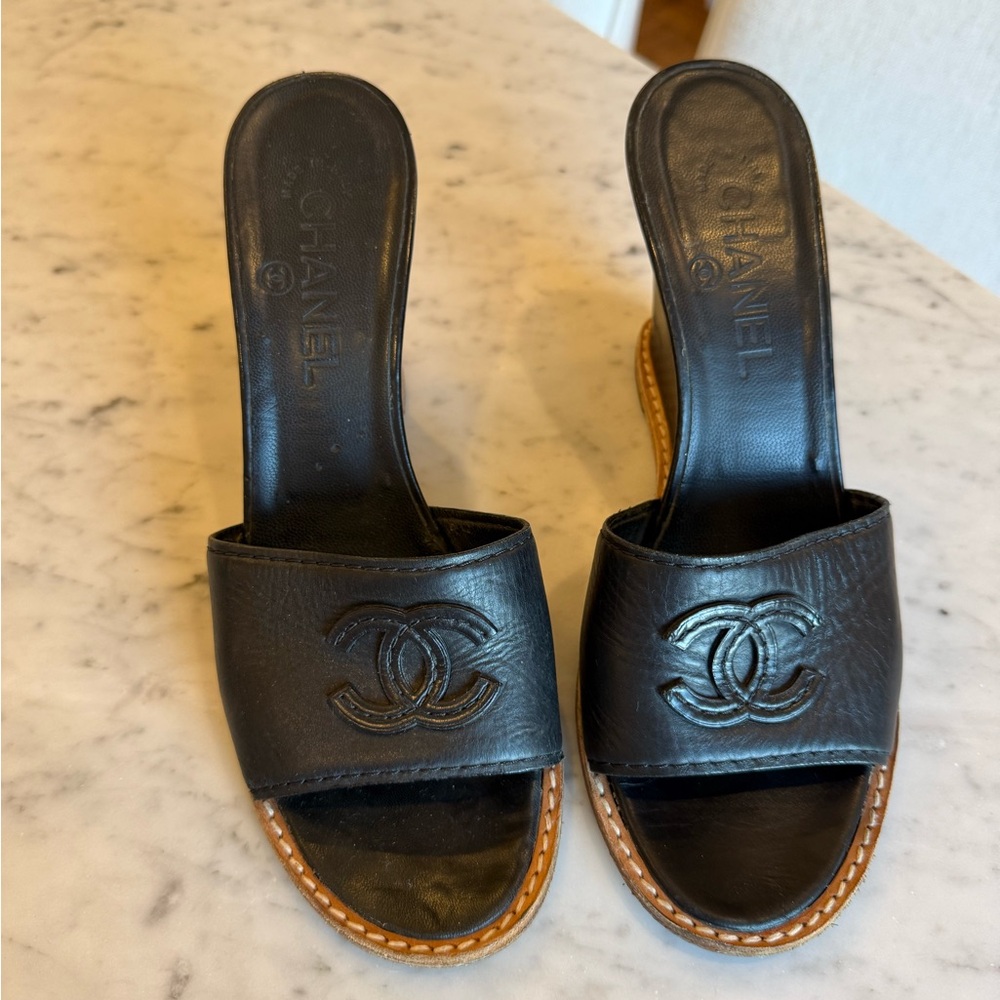 Chanel Black Leather Wedges Sandals